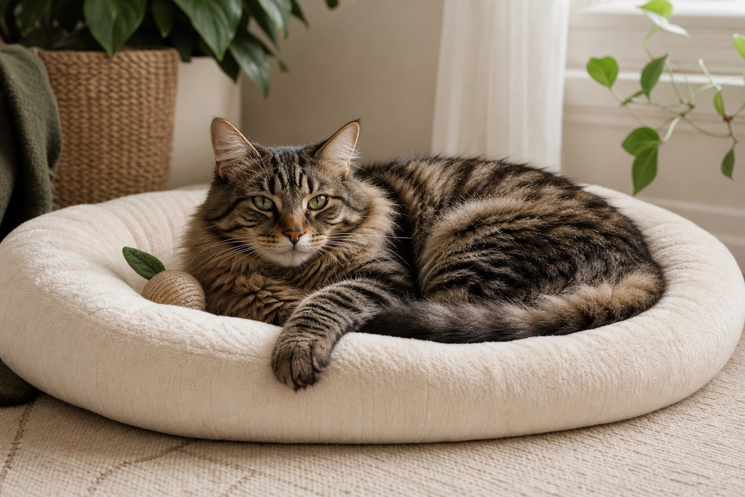 Fluffy tabby cat relaxing on a cream pet bed