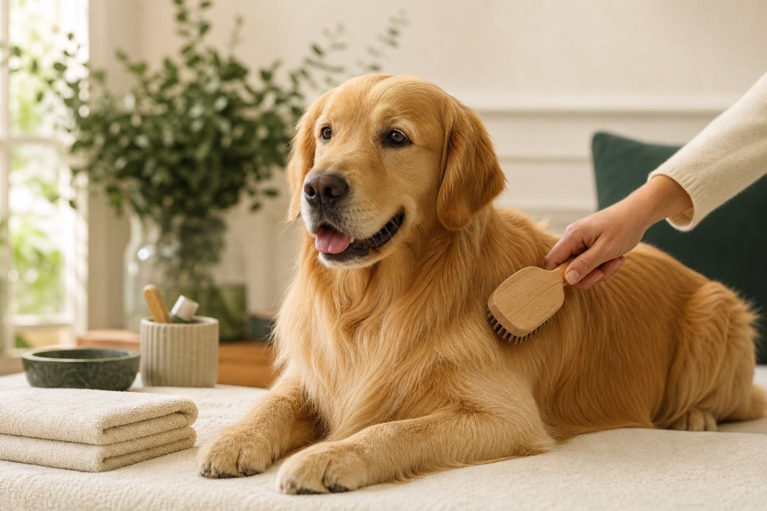 Golden retriever enjoying a gentle grooming routine at home