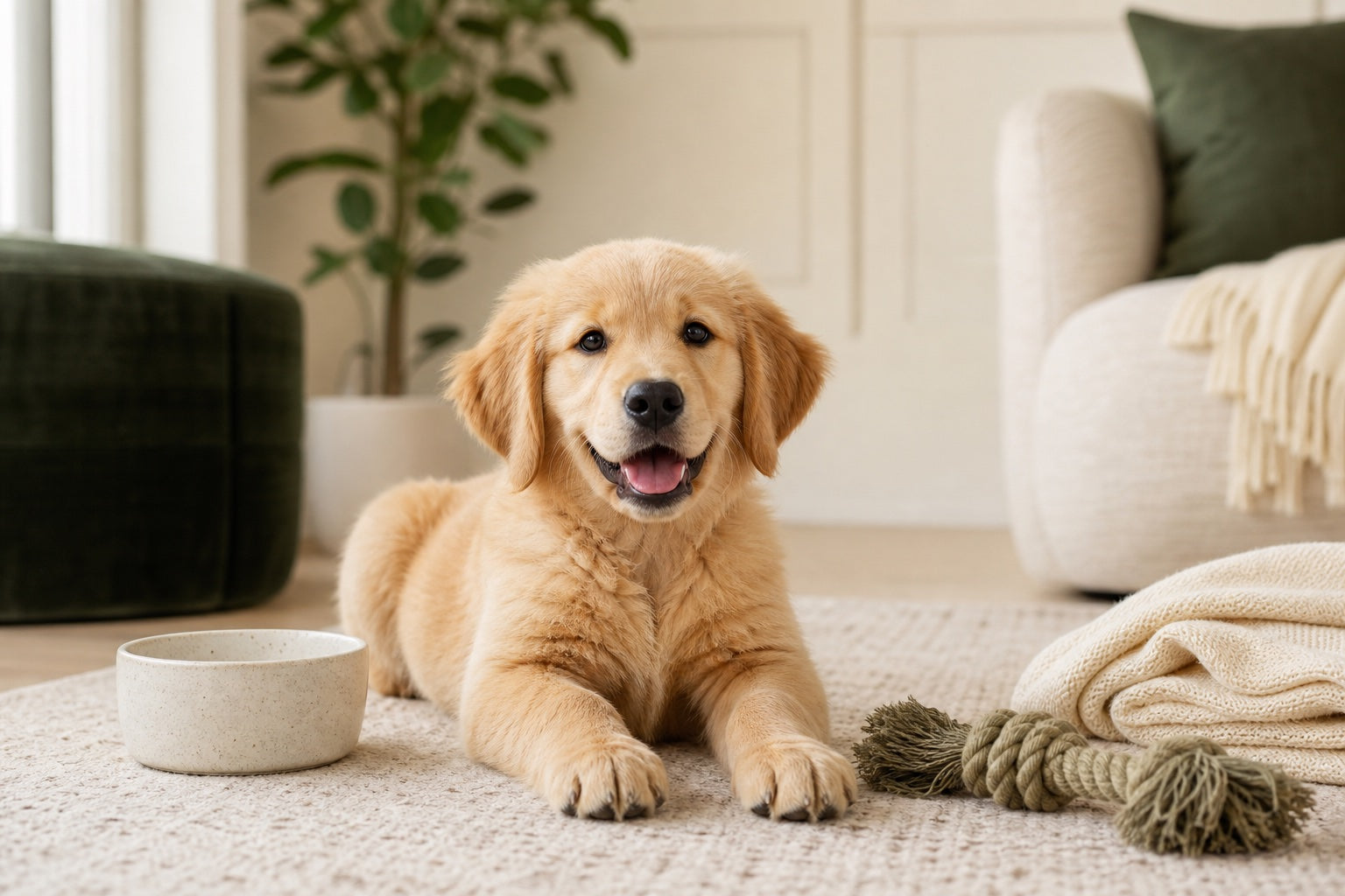 Golden retriever puppy with a bowl, rope toy and soft blanket